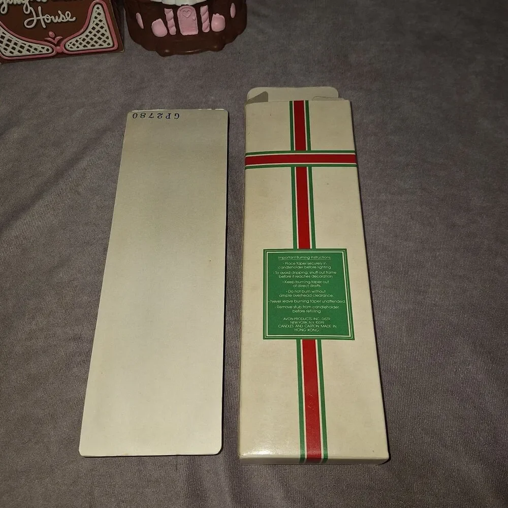 Avon Candy Cane & Holly 2 Bayberry Fragrance Taper Candles & Gingerbread House